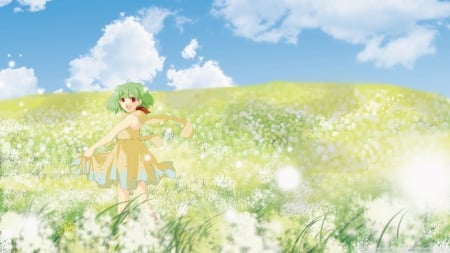 Girl in Flower Field - girl, beautiful, flowers, field, green hair, happy