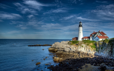 lovely lighthouse scene - clouds, shore, lighthouse, sea, rocks