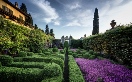 wonderful mansion garden - flowers, trees, mansion, garden, busges