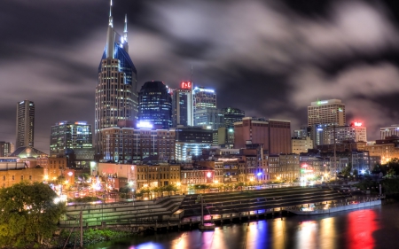 wonderful city waterfront at night - clouds, night, city, hdr, waterfront, boat, lights, skyscrapers