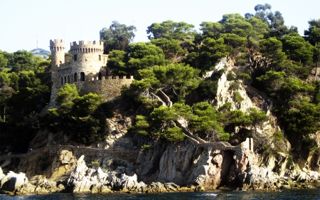 old castle in a seashore cliff - trees, shore, cliff, sea, walkway, castle