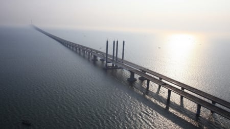 awesome long bridge - bridge, fog, long, sea