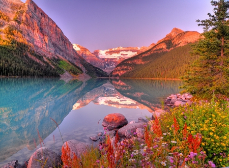 Mountain lake - summer, reflection, crystal, mountain, flowers, shore, cliffs, waters, lake, nice, sky, mountainscape, beautiful, lovely, peaks, nature, clear, rocks