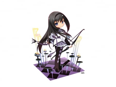 Akemi Homura - akemi, cute, plain, anime girl, adorable, girl, white, bow, mahou shoujo madoka magica, weapon, simple, arrow, magical girl, anime, arrow and bow, homura, long hair, archer, black hair, chibi, female