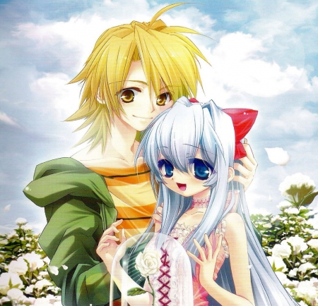 White Rose - pretty, anime, female, romantic, dress, guy, romance, long hair, boy, male, short hair, nice, sky, gown, anime girl, girl, lovely, love, sweet, flower, cloud, rose, floral, lover, couple