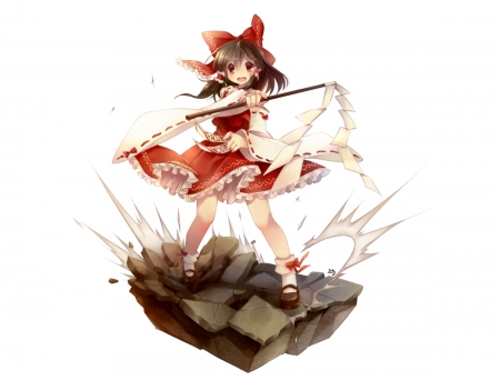 Hakurei Reimu - cute, plain, hakurei reimu, anime girl, girl, shrine maiden, white, ribbon, brown, red, simple, hakurei, touhou, kawaii, brown hair, anime, mad, dress, long hair, reimu, angry, chibi, female