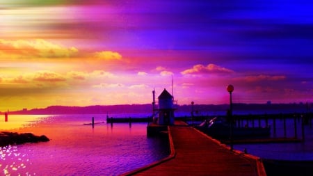 At Night - night, colorful, seaside, sky