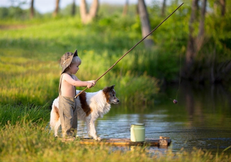 Dog - fishing, animals, dog face, face, pretty, dog, dogs, pond, cute, puppy, lovely, nature, playful, beautiful, boy, playful dog, sweet, puppies