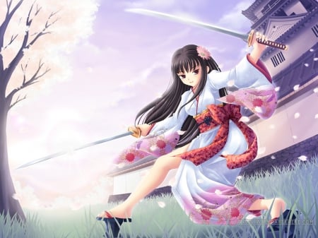 A Girl With a Sword - anime, anime girl, female, swords, A gril with a sword, grass, kimono, brown hair