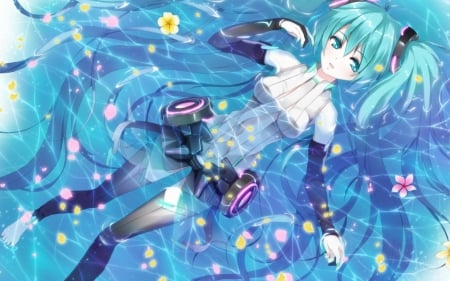 Miku Append - nice, append miku, female, blue eyes, water, long hair, lovely, anime gir, blue hair, vocaloid, in the water, happy