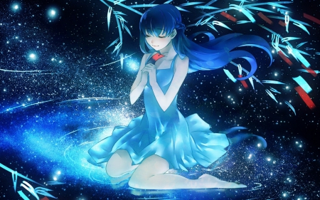 Tamachi Kuwa - anime, blue, dress, cool, long hair, stars, awesome, blue hair, power, Tamachi Kuwa