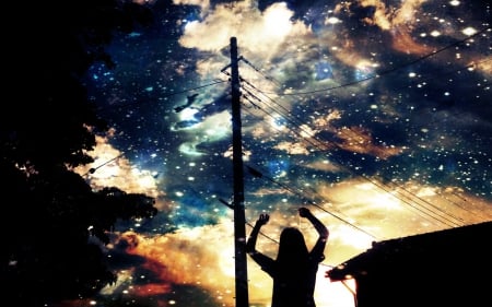 Sky~ Sunset - clouds, anime, Sunset, aky, person, stars, cool