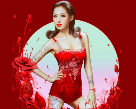 Woman in red - red, rose, woman, art