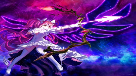 Archer - purple, pink, cute, beauty, beautiful, sweet, anime, girl, blue, wings, warrior, magic, archer, colors, woman, angel