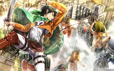 Sinhgeki No Kyojin - shingeki no kyojin, buildings, monsters, flying, art, fighing, cool, soliders, anime, sword, awesome