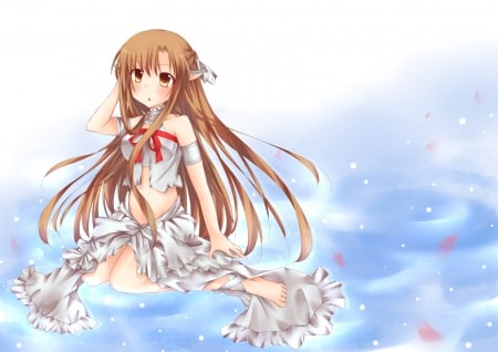 Asuna Yuuki - anime, water, kawaii, Asuna Yuuki, dress, blush, lovely, brown hair, cool, SAO, long hair, elf, cute