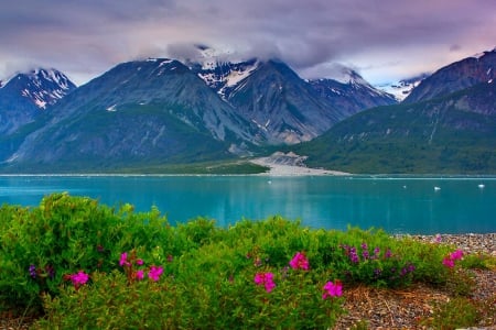 Mountain and lake - rocks, clear, cliffs, beautiful, quiet, grass, nature, lvoely, mountain, crystal, colorful, flowers, hills, serenity, shore, blue, lake, sky, peaks, nice, clouds, calm