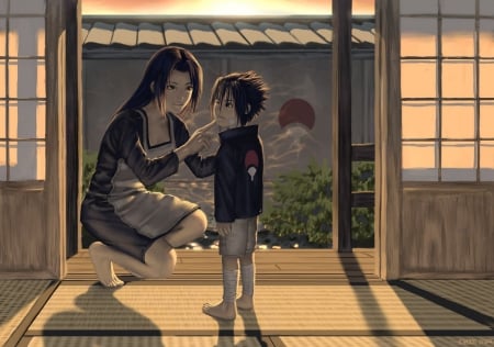 A Mom is All I Need!!~ - clothes, japanses house, female, long hair, boy, male, short hair, symbole, mom, naruto, mother, nice, mikoto, Sasuke Uchiha, girl, lovely, shadow, waring, black hair