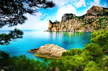 Landscape with sea and mountain - nice, sky, clear, rocks, crystal, view, reflection, grass, cliffs, branches, landscape, mountain, summer, lovely, exotic, nature, blue, beautiful, island, stones, sea