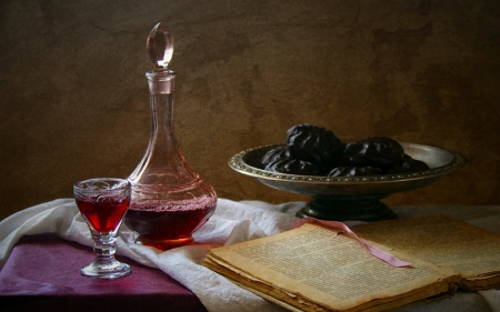 Still life - biscuits, glass, book, wine