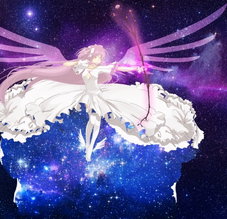 Madoka Magica - black, cute, beautiful, stars, girl, wings, magic, woman, purple, beauty, sweet, anime, dress, blue, sky, archer, angel