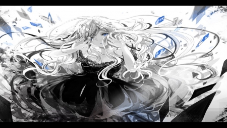 Vocaloid - anime, blue, beautiful, dress, girl, beauty, music, black, white, woman, cute