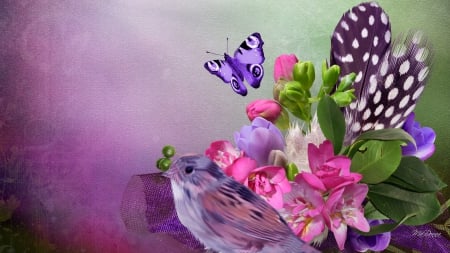 Bird Butterfly Blossoms - feathers, summer, spring, bird, butterfly, purple, floral, pink, green, flowers, lavender