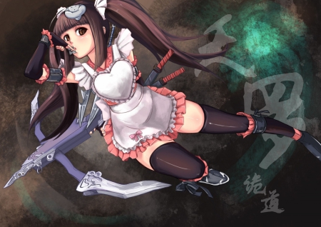 Maid War - girl, warrior, long hair, weapons, orginal, maid