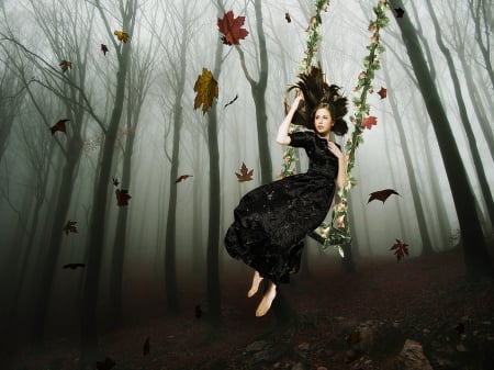 Autumn swing - leaves, woman, autumn, girl