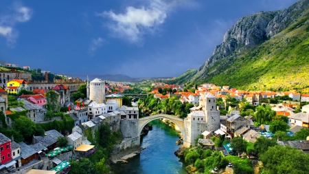 fantastic town in a river valley - valley, town, river, mountains, bridges