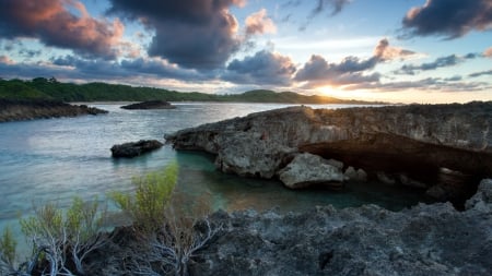 sunrise over rocky ocean inlet - clouds, inlet, sea, sunrise, rocks