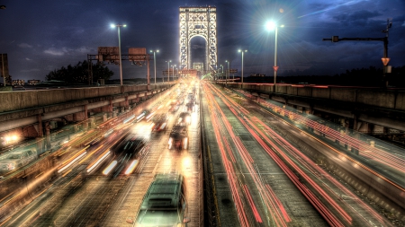 magnificent motion photo of the GW bridge in nyc hdr - motion, cars, lights, hdr, night, lanes, bridge