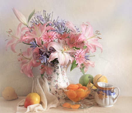 still life with pink flowers - image, flowers, still life, pink