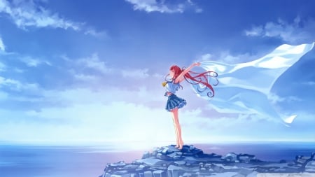 Sea Girl - sky, windy, girl, clouds, water, rock, sea