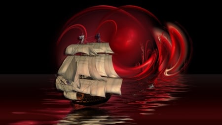 Fantasy Sailing - seea, red, sailship, artwork, waves