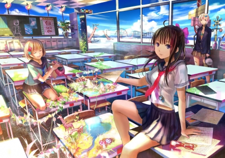 An Amazing Artwork...Anime - girls, sky, chairs, brown hair, siting, desks, art, unifroms, cool, classroom, clouds, anime, amazing artwork