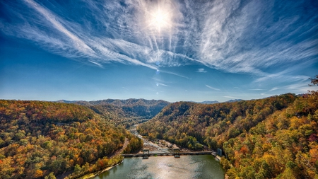 dam on a river on a bright autumn day - sky, autumn, dam, forest, hills, river