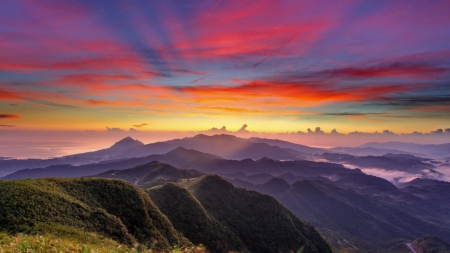 gorgeous sunset sky over a mountain range - sunset, mist, colors, forest, mountains, sky