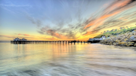 wonderful ocean pier at sunset - pier, clouds, sunset, shore, sea