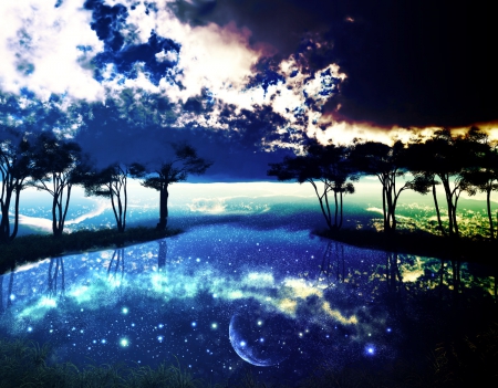 Reflecting the space - clouds, moon, trees, anime, water, landscape, stars, manga, night sky, sky