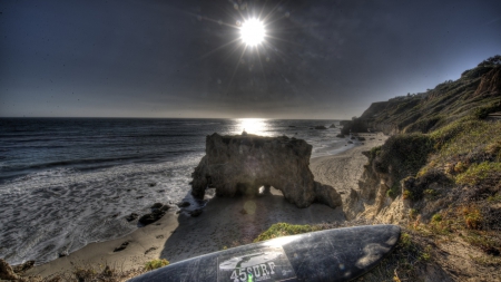 surfboard above a sunny beach hdr - rock, surfboard, coast, beach, sea, sun, hdr