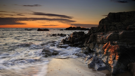 rocky beach at twilight - beach, twilight, waves, sea, rocks