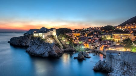 fortress at harbor of gemander croatia - town, lights, twilight, sea, harbor, fort