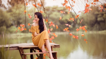 Beautiful - river, trees, woman, beautiful