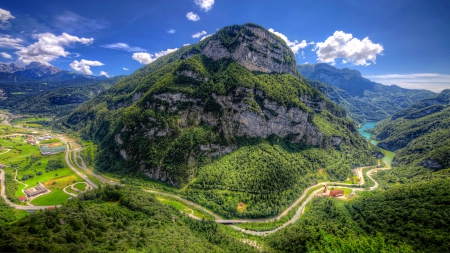 Huge Hill - clouds, roads, trees, water, blue, landscape, forests, white, green, mountains, lakes