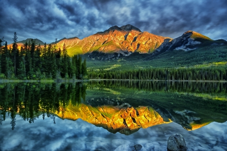 Morning Bliss - landscape, forests, trees, water, mountains, lakes, reflection, clouds, blue, green, golden, gray, sunrise