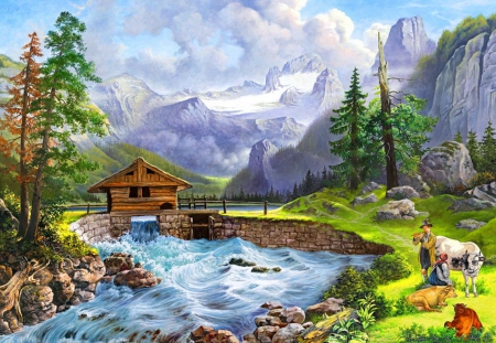 In harmony with nature - nice, cottage, sky, trees, animals, peaceful, calmess, music, stream, creek, rocks, painting, view, art, pretty, river, house, grass, harmony, mountain, flow, song, summer, shore, peaks, lovely, serenity, nature, village, beautiful, cabin