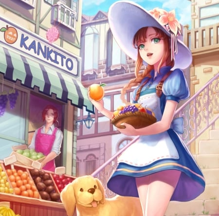 Summer Fruits - pretty, anime, female, scenery, food, scene, maiden, dog, stall, long hair, animal, fruit, puppy, nice, shop, house, anime girl, beautiful, hot, girl, scenic, beauty, lovely, brown hair, sweet, braids, cute, sexy, building