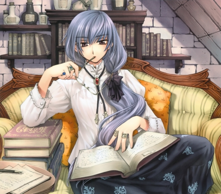 Reading - hot, female, reading, anime girl, book, read, anime, blouse, ribbon, cute, maiden, sexy, lady, girl, long hair, chair, dress