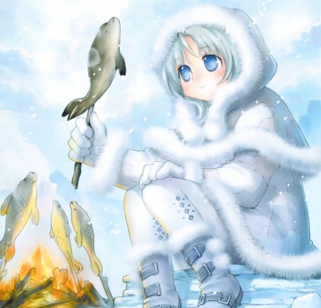 Snow Fish - anime, kawaii, delicious, female, camp, food, snow, freeze, fire, anime girl, winter, hungry, hot, girl, campfire, fur, ice, white, cold, cute, sexy, fish